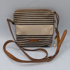 Fossil Fiona Crossbody Handbag Blue Cream Striped Canvas And Leather Trim Bag